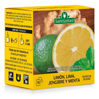 LIMON, LIMA, JENGIBRE Y MENTA 10 SAQUITOS X 2G SAINT GOTTARD